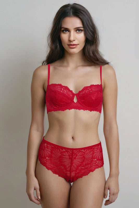 Bella Wired And Non Padded Lace Bra Set - Red