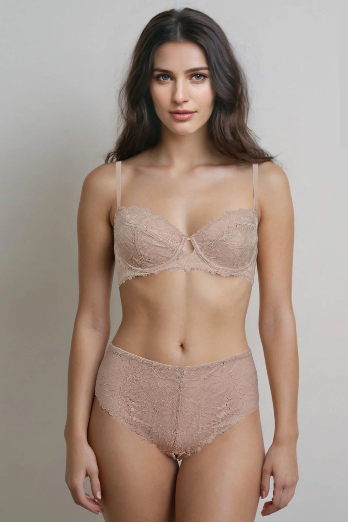 Bella Wired And Non Padded Lace Bra Set - Skin