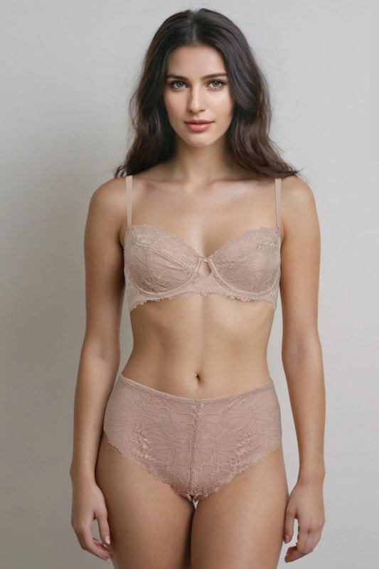 Bella Wired And Non Padded Lace Bra Set - Skin